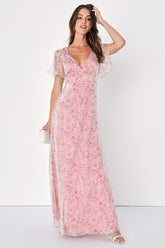 Dreamiest Desires Pink Floral Flutter Sleeve Maxi Dress