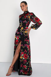 Graceful Arrival Black Floral Burnout Backless Maxi Dress