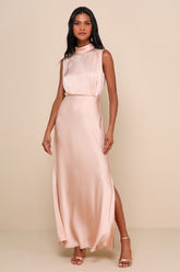 Classic Elegance Blush Satin Sleeveless Mock Neck Maxi Dress