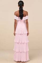 Always Remarkable Pink Pleated Off-the-Shoulder Maxi Dress