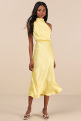 Distinctive Charm Yellow Satin Asymmetrical Midi Dress