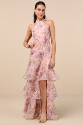 Forever Exceptional Light Pink Floral Halter Organza Maxi Dress