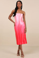 Indescribable Poise Pink Ombre Satin Strapless Midi Dress