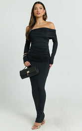 Emilie Maxi Dress - Off Shoulder Long Sleeve Ruched Jersey Dress In Black
