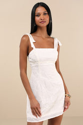 Mizuki Cream Embroidered Tie-Strap Mini Dress