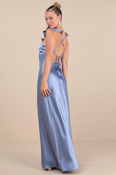 Exuberant Luxury Periwinkle Satin Ruffled Lace-Up Maxi Dress