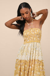 Bennie Yellow and Ivory Floral Tiered Halter Maxi Dress