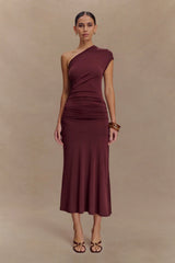 Chloe Peached Jersey One Shoulder Midi Dress - Mahogany
