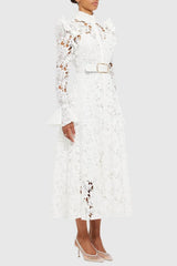 Freya Ruffle Lace-embroidered Belted Midi Dress - White