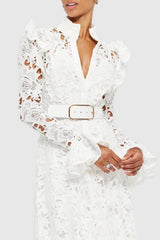 Freya Ruffle Lace-embroidered Belted Midi Dress - White