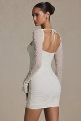 Embellished Long-Sleeve Mini Dress in White
