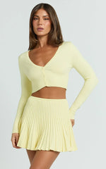 Naomi Two Piece Set - Contrast Knit Button Up Long Sleeve And Pleated Mini Skirt in Lemon