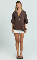 Joanna Top - Button Up Collared Short Sleeve Shirt in Chocolate