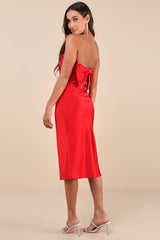 Luxe Crush Red Satin Rhinestone Bow Strapless Midi Dress