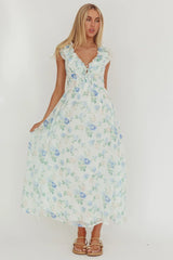 Spring Harvest Frill Neckline Maxi Dress Floral Blue