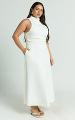 Macy Midi Dress - High Neck A Line Dress In Off White