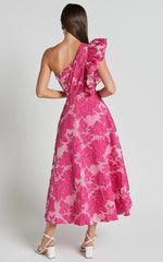 Alfreda Midi Dress - One Shoulder Ruffle Detail Brailey Jacquard Dress In Pink