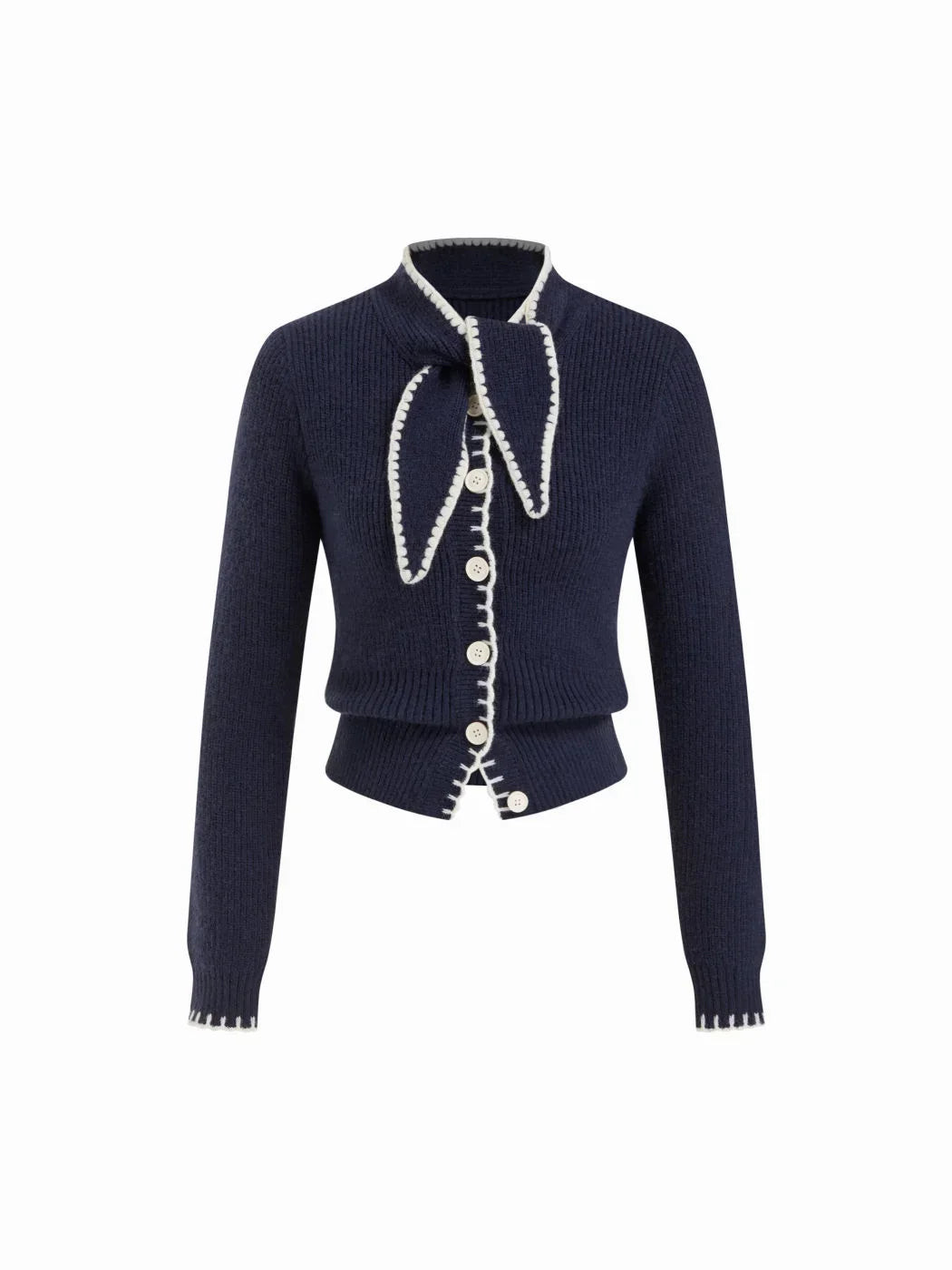 Knit Stand Collar Bowknot Contrasting Binding Long Sleeve Cardigan