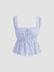 100% Cotton Square Neck Broderie Anglaise Tie Front Bow Top